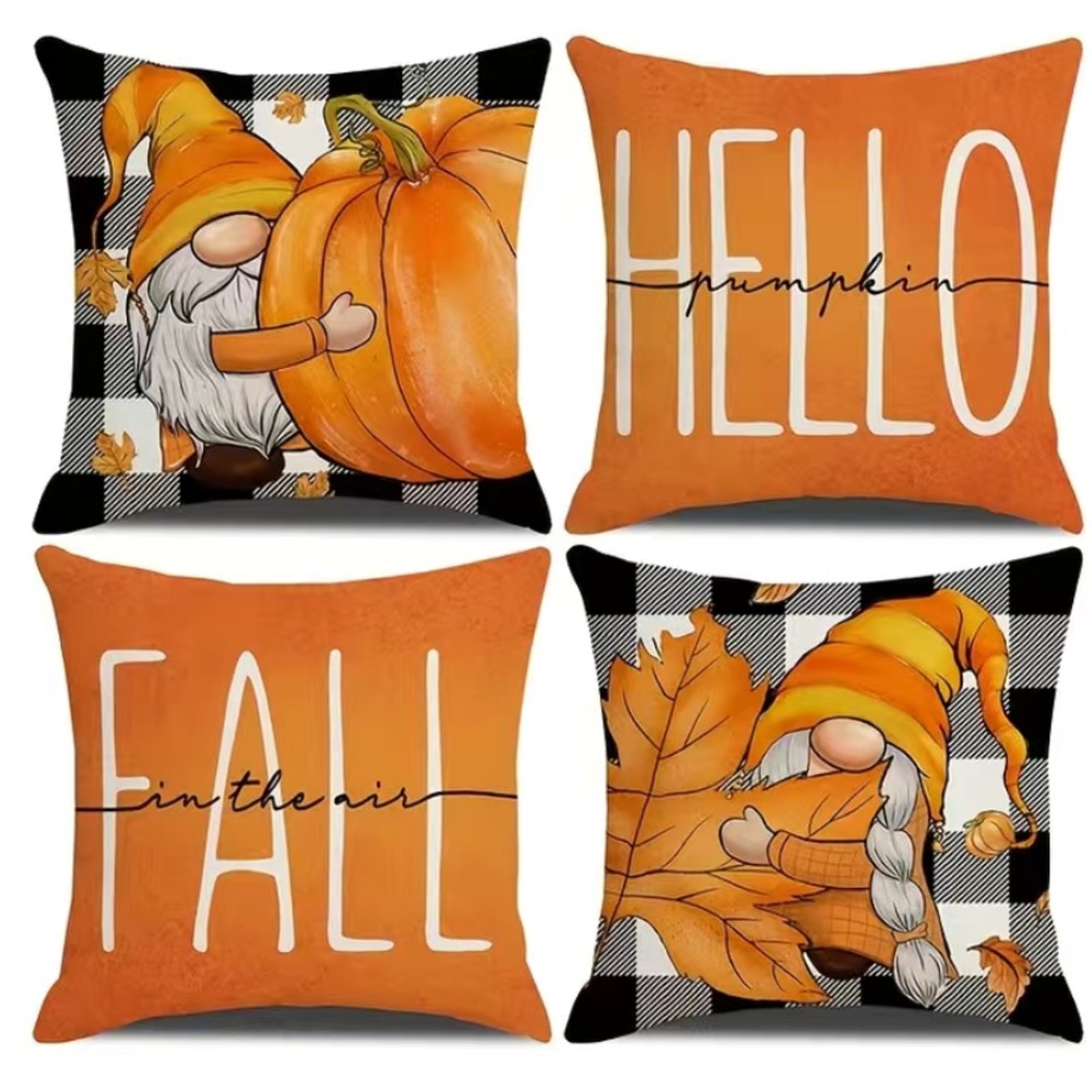NEW 4pcs Autumn Plaid Pumpkin Theme Encrypted Linen throw pillow cover